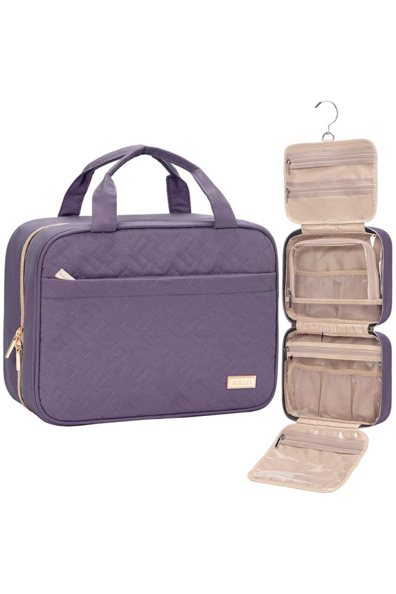 NISHEL Travel Toiletry Bag for women, Portable Hanging Organizer for Travel-Sized Shampoo, Conditioner, Brushes Set, Makeup Accessories, Medium Size, Purple