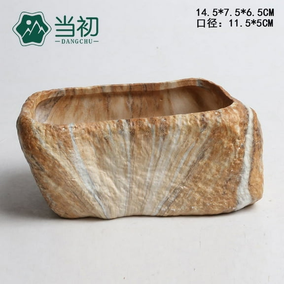 NISHUNA 3pcs Ceramic Pot Planter with Drainage Hole Stone Shape Rectangle Window Box Cactus Plant Containers for Garden Home Office Table Desk Decoration