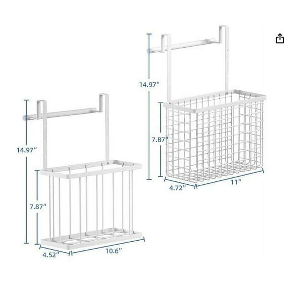 NISHUNA Grid Storage Baskets with Hooks Over Cabinet Door Organizer with Towel Bar Iron Wire Baskets with Hooks for Kitchen Pantry Bathroom Storage White