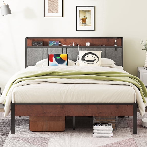 NISIEN Full Size Bed Frame, Platform Bed Full with Charging Station and Storage Upholstered Headboard, Gray