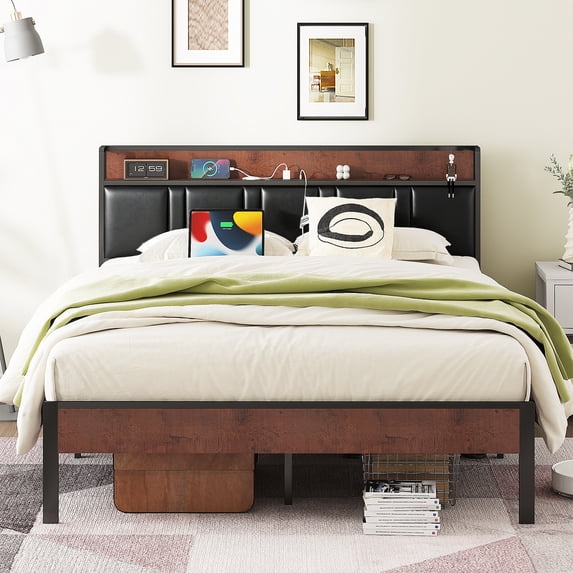 NISIEN Full Size Bed Frame, Platform Bed Full with Charging Station and Storage, PU Leather Upholstered Headboard, Black