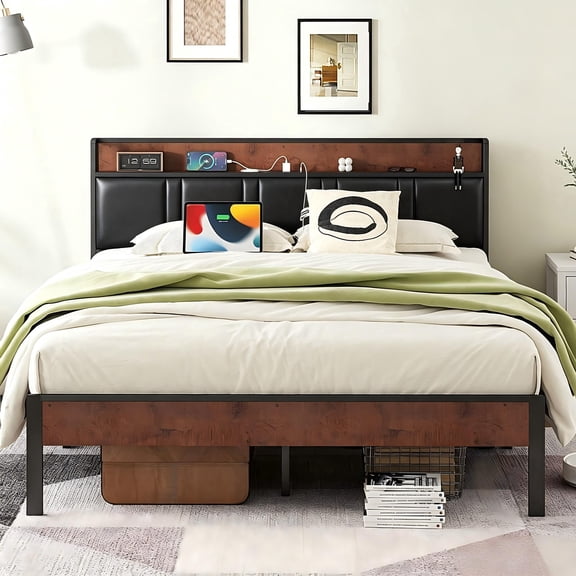 NISIEN Full Size Bed Frame, Platform Bed Full with Charging Station and Storage Upholstered Headboard,PVC Leather Black