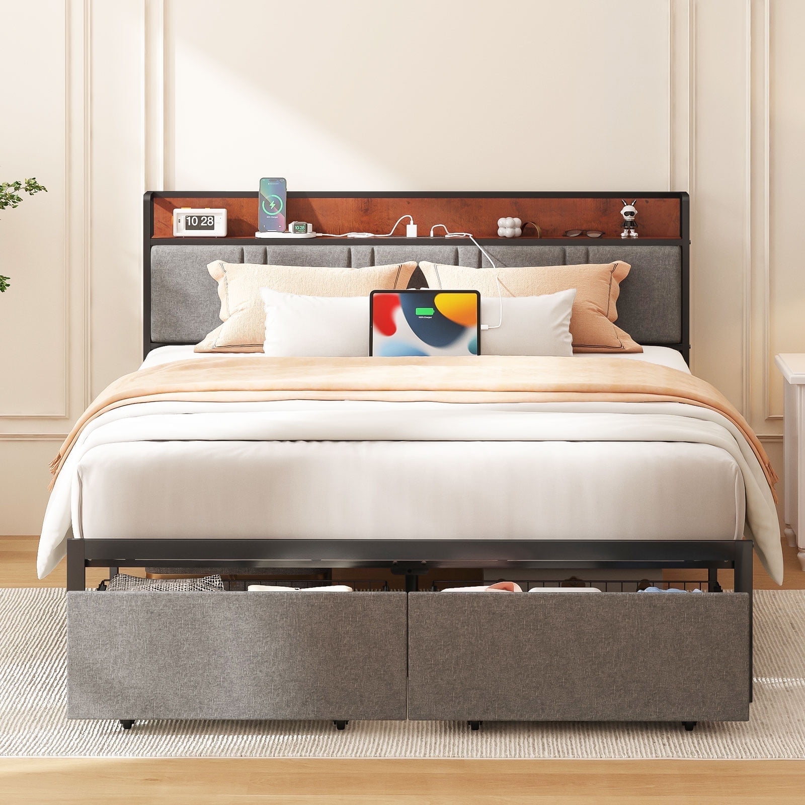NISIEN Full Size Bed Frame with 2 Storage Drawers, Metal Platform Bed Full with Upholstered Headboard and Charging Station, Gray