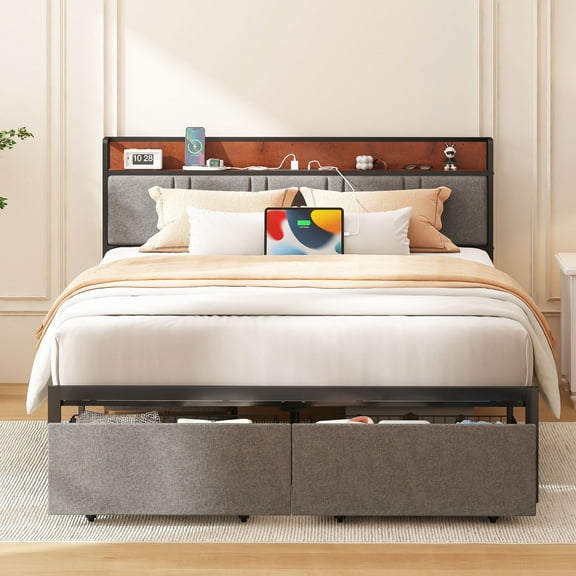 NISIEN Full Size Bed Frame with 2 Storage Drawers, Metal Platform Bed Full with Upholstered Headboard and Charging Station, Gray