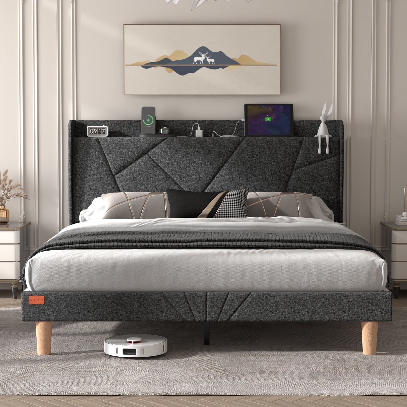 NISIEN Full Size Bed Frame with Charging Station, Upholstered Platform Bed with Wingback Storage Headboard, Dark Gray