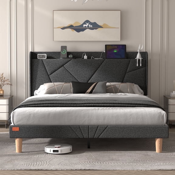 NISIEN Full Size Bed Frame with Charging Station, Upholstered Platform Bed with Wingback Storage Headboard, Dark Gray