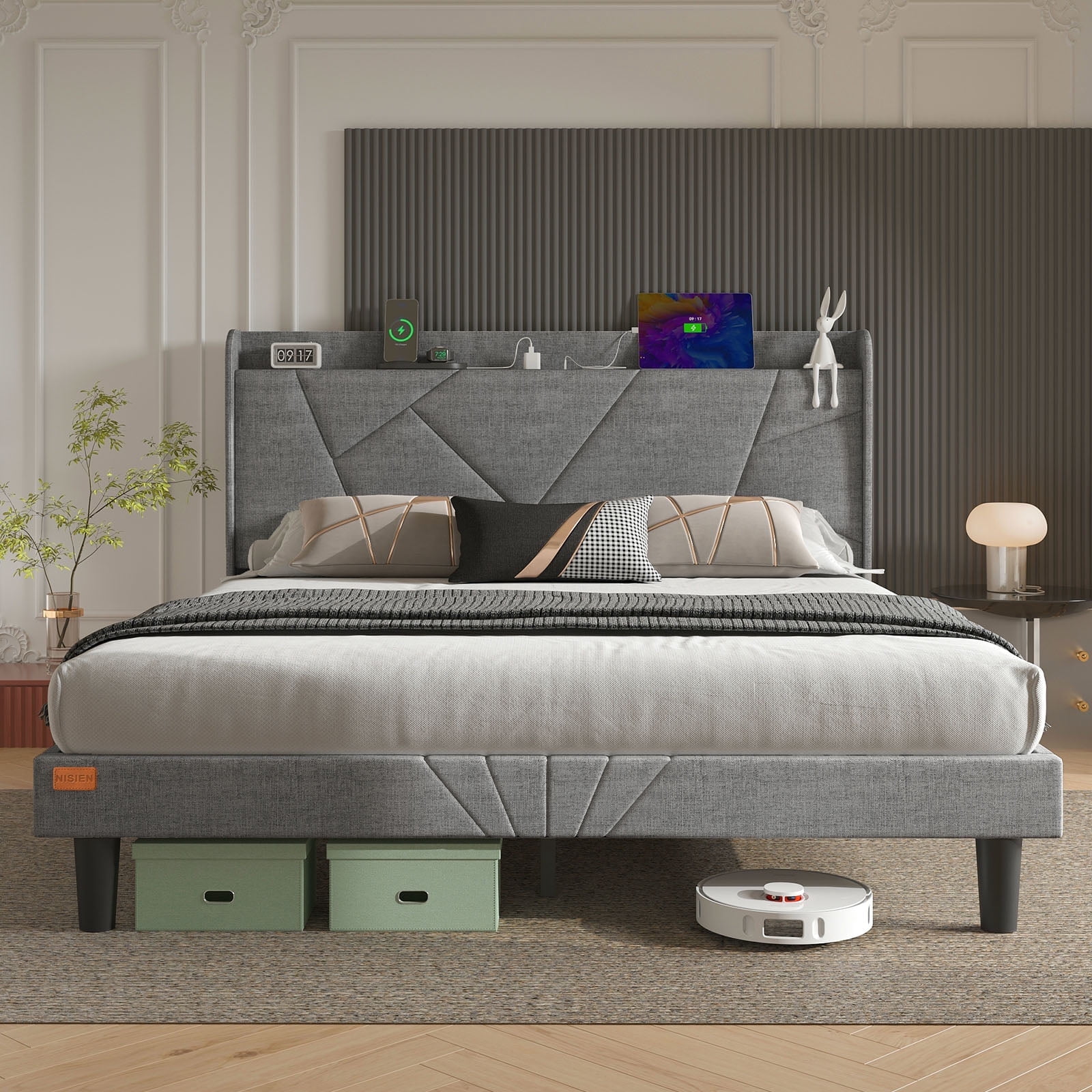 NISIEN Full Size Bed Frame with Charging Station, Upholstered Platform Bed with Wingback Storage Headboard, Light Gray