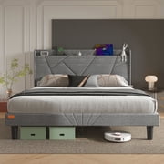 NISIEN Full Size Bed Frame with Charging Station, Upholstered Platform Bed with Wingback Storage Headboard, Light Gray