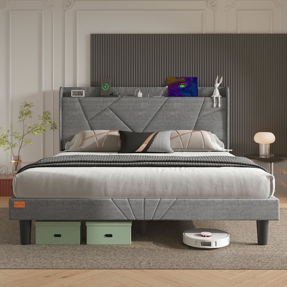 NISIEN Full Size Bed Frame with Charging Station, Upholstered Platform Bed with Wingback Storage Headboard, Light Gray