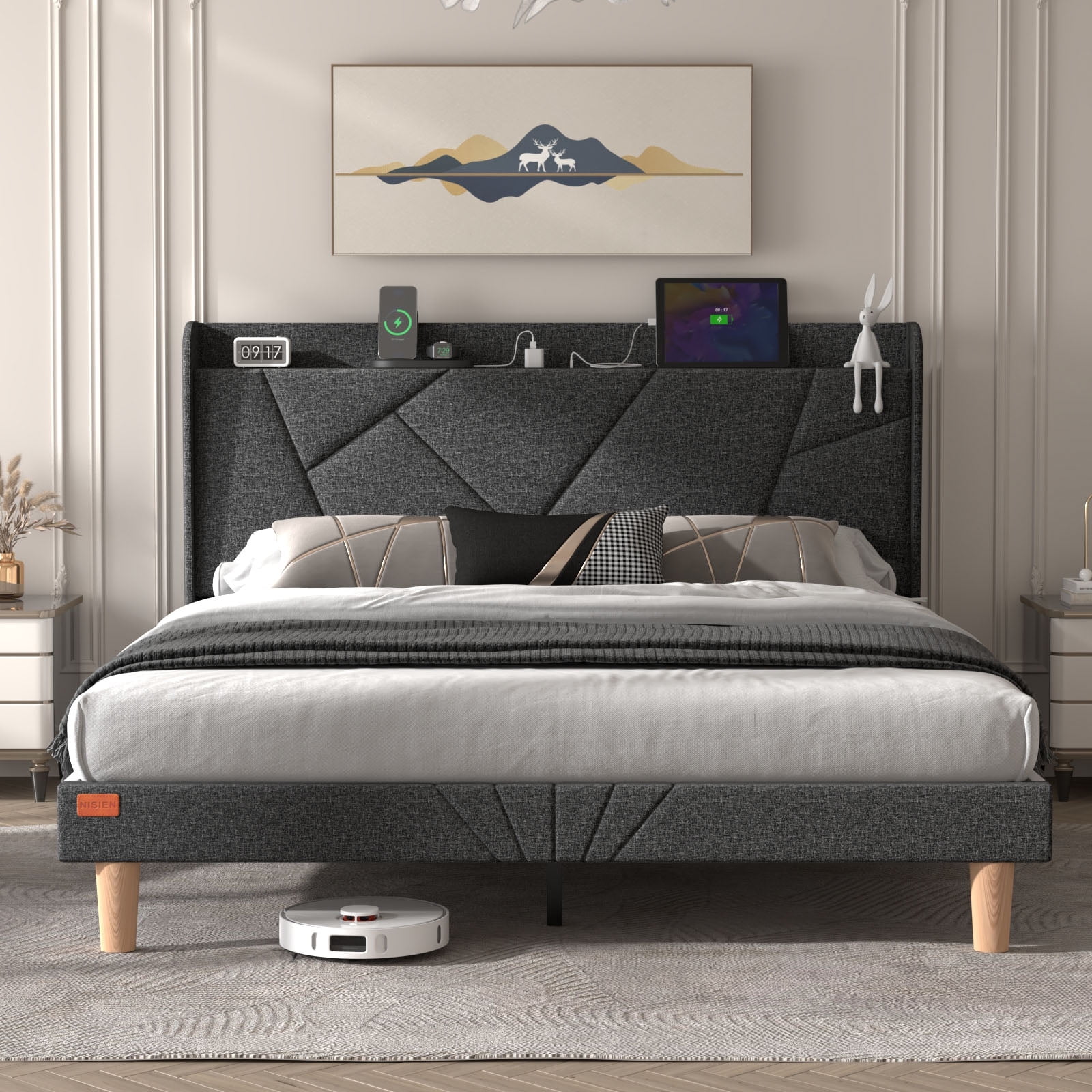 NISIEN King Size Bed Frame with Charging Station, King Upholstered Platform Bed with Wingback Storage Headboard, Dark Gray