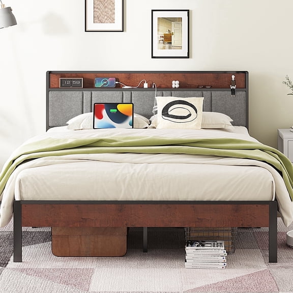 NISIEN King Size Bed Frame, Platform Bed with Charging Station and Storage Upholstered Headboard, Gray