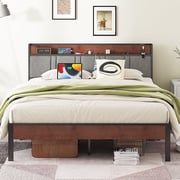 NISIEN King Size Bed Frame, Platform Bed with Charging Station and Storage Upholstered Headboard, Gray