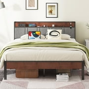 NISIEN King Size Bed Frame, Platform Bed with Charging Station and Storage Upholstered Headboard, Gray