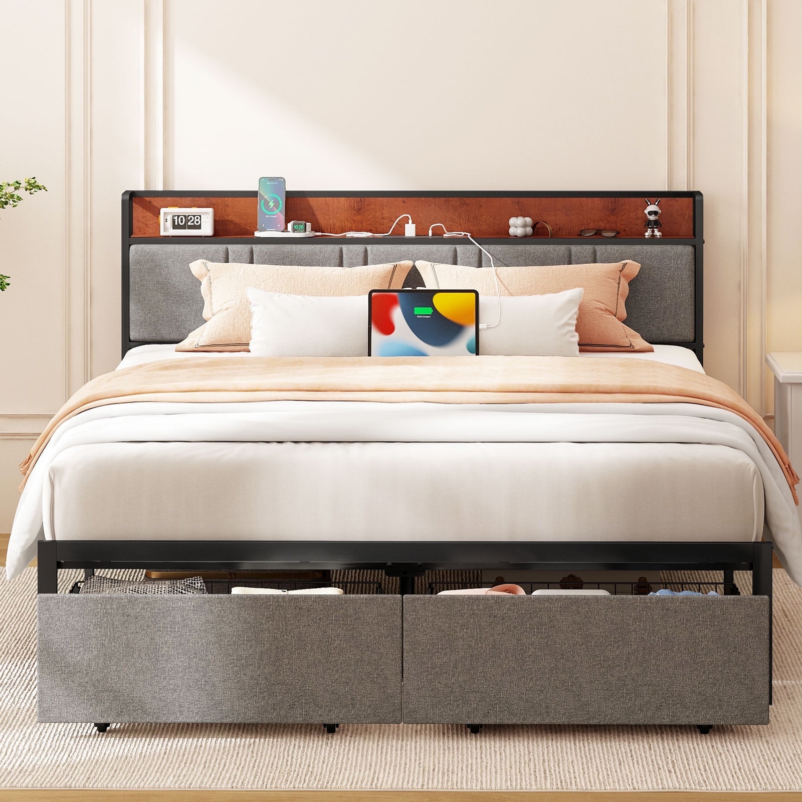 NISIEN King Size Bed Frame with 2 Storage Drawers, Metal
