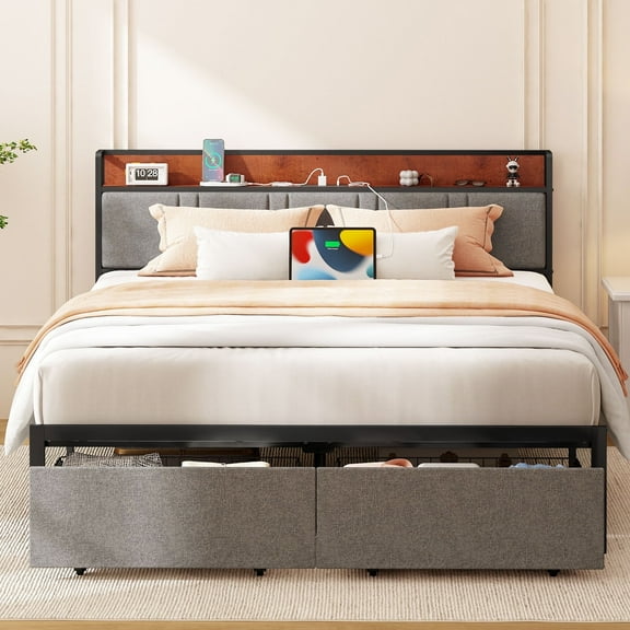NISIEN King Size Bed Frame with 2 Storage Drawers, Metal Platform Bed King with Upholstered Headboard and Charging Station, Gray
