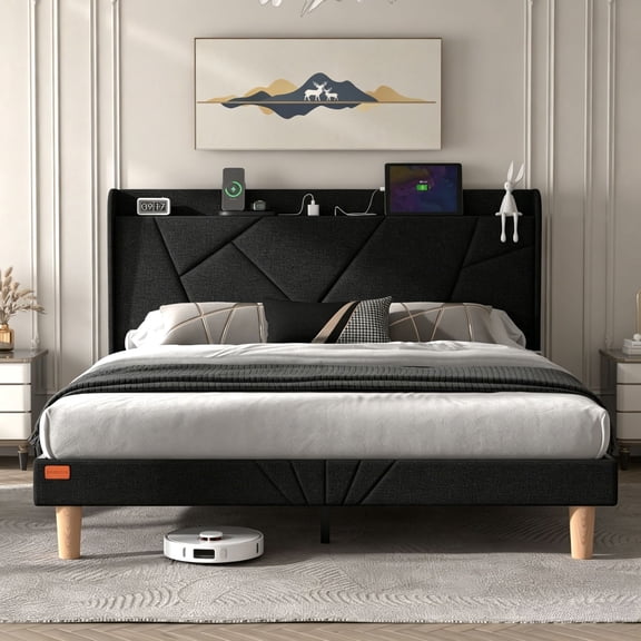 NISIEN King Size Bed Frame with Charging Station, King Upholstered Platform Bed with Wingback Storage Headboard, Black