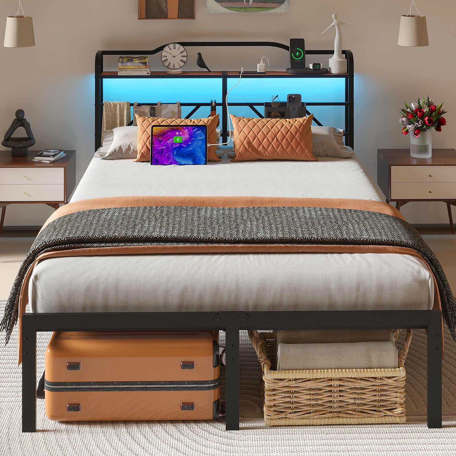 NISIEN King Size Bed Frame with LED Storage Headboard & Charging Station, Metal Platform Bed, Black