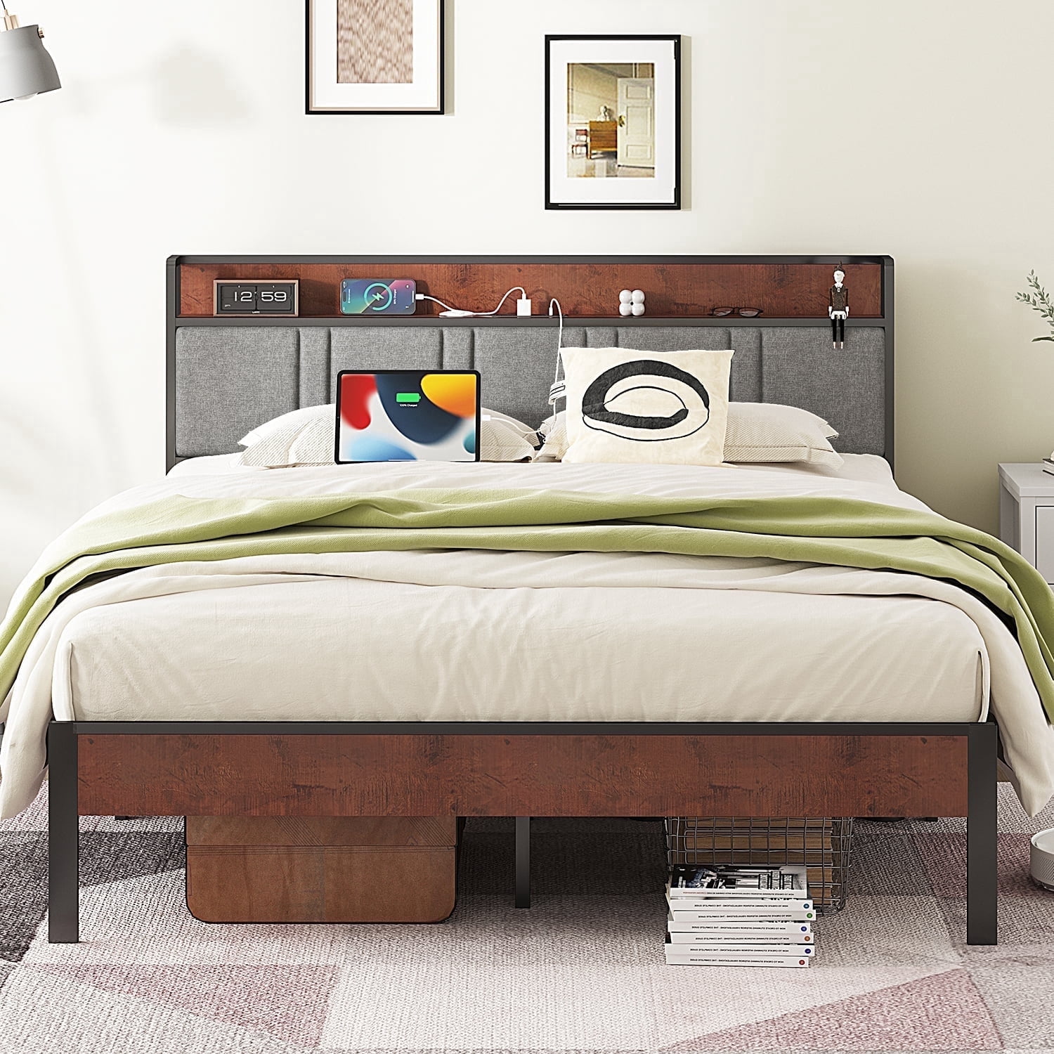 NISIEN Queen Bed Frame, Platform Bed Queen Size with Charging Station and Storage Upholstered Headboard, Gray