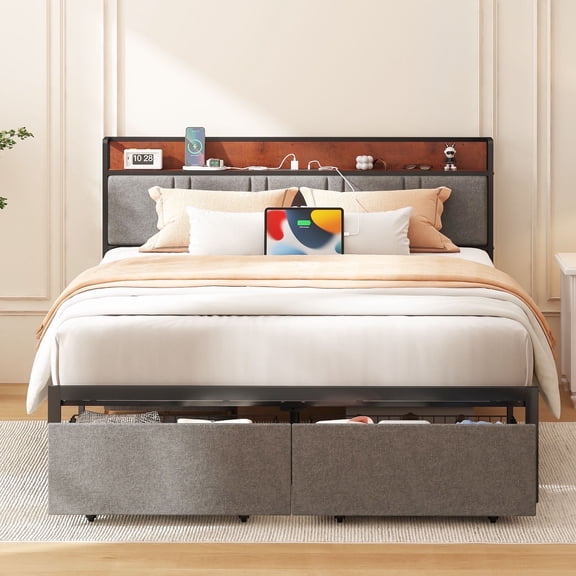 NISIEN Queen Bed Frame with 2 Storage Drawers, Metal Platform Bed Queen Size with Charging Station and Upholstered Headboard, Gray