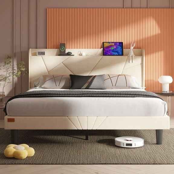 NISIEN Queen Bed Frame with Charging Station, Upholstered Platform Bed with Wingback Storage Headboard, Beige