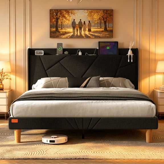 NISIEN Queen Bed Frame with Charging Station, Upholstered Platform Bed with Wingback Storage Headboard, Black