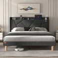 NISIEN Queen Bed Frame with Charging Station, Upholstered Platform Bed with Wingback Storage Headboard, No Box Spring Needed, Dark Gray