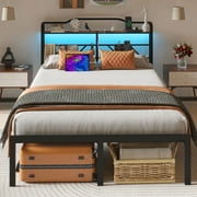 NISIEN Queen Size Bed Frame with LED Storage Headboard & Charging Station, Metal Platform Bed, Black