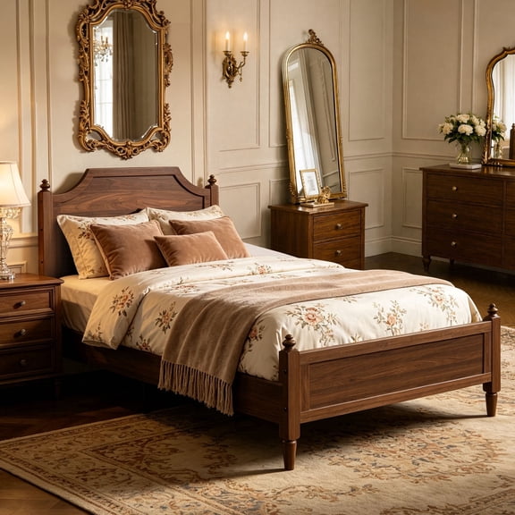 NISIEN Twin Size Bed Frame, Wooden Platform Bed with Headboard and Footboard, No Box Spring Needed, Walnut