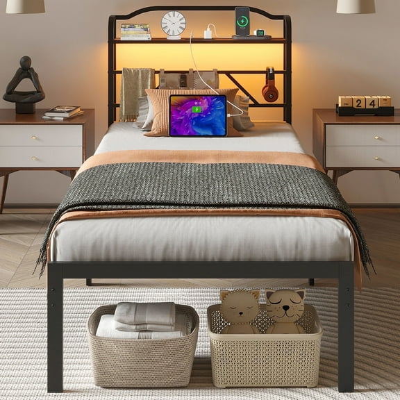 NISIEN Twin Size Bed Frame with LED Storage Headboard & Charging Station, Metal Platform Bed, Black