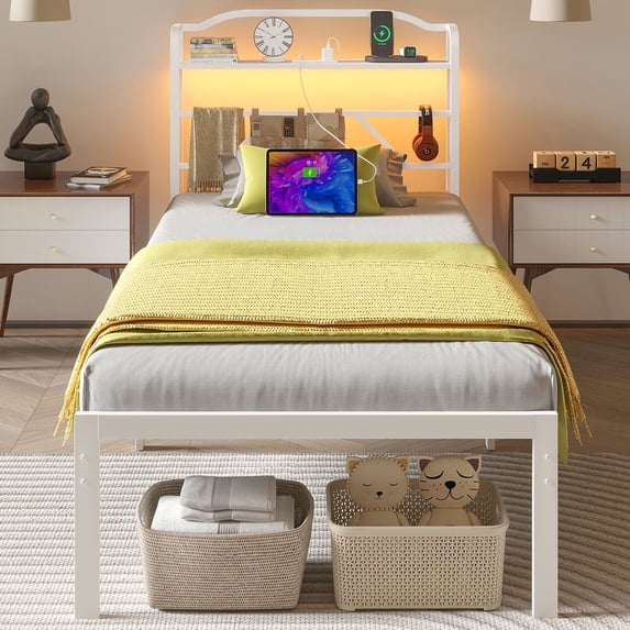 NISIEN Twin Size LED Bed Frame with Storage Headboard & Charging Station, Metal Platform Bed, White