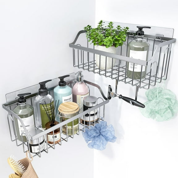 NISLEEP Large Shower Caddy Set 2 Pack Accessories Shower Shelving Silver Adhesive Rack Bathroom Shelf With 10 Hooks, No Drill