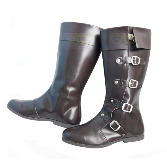 NISTAN Medieval Leather Boots Renaissance Shoes Pirates Movie Prop Boots Viking Boot Mens Brown Long Boots