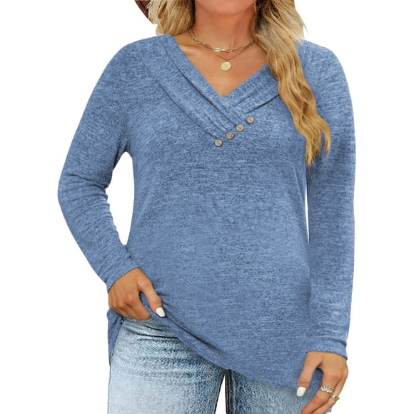 2025 Plus Size Winter Tops for Women Dressy Button Blouses Casual V Neck Tunics T-Shirt