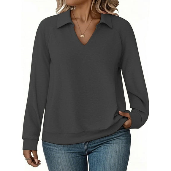 NISVIYA Fall Long Sleeve V Neck Shirts for Women Plus Size Loose Fit Tops Flattering Pullover Ladies Work Polo Sweatshirts