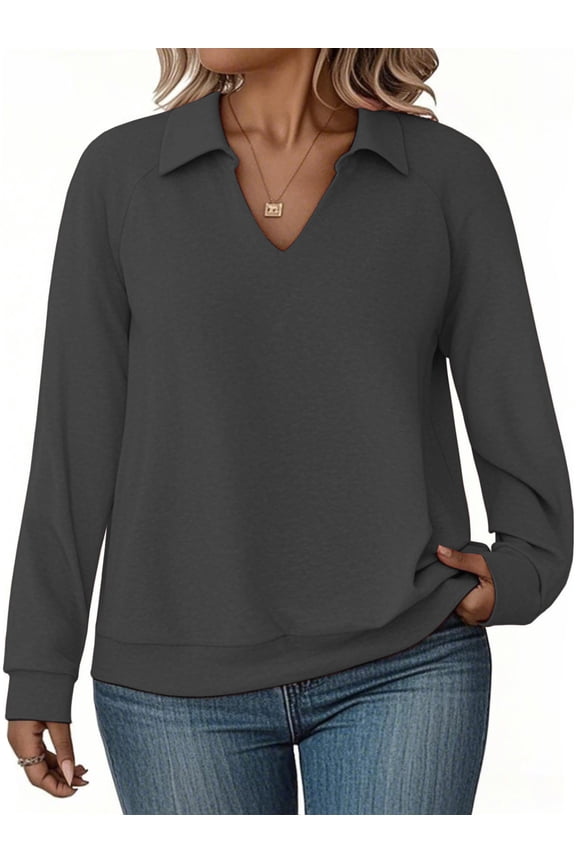 Fall Long Sleeve V Neck Shirts for Women Plus Size Loose Fit Tops Flattering Pullover Ladies Work Polo Sweatshirts