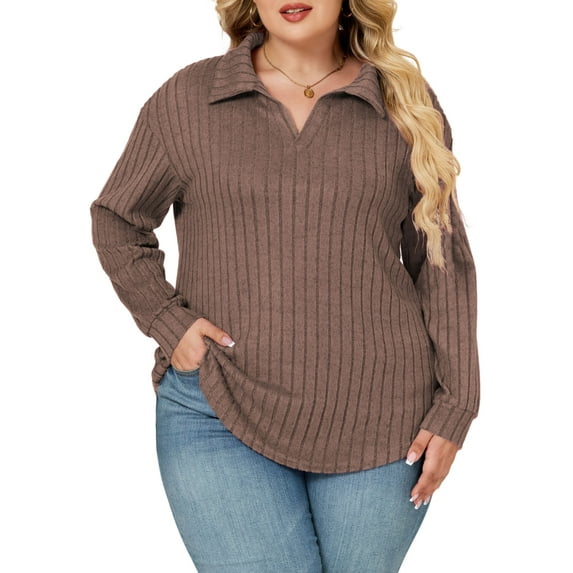 NISVIYA Oversized Workout Shirts for Women Casual Solid Color Tops Fashion Ribbed Blouses Basic Classic Lapel V Neck Sweaters