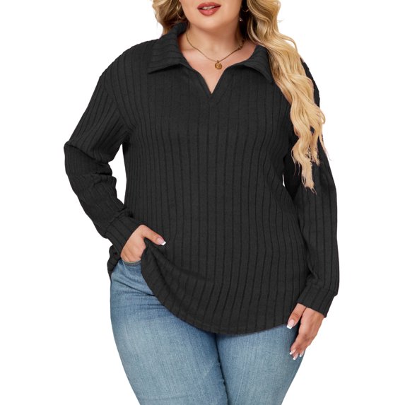 NISVIYA Oversized Workout Shirts for Women Casual Solid Color Tops Fashion Ribbed Blouses Basic Classic Lapel V Neck Sweaters