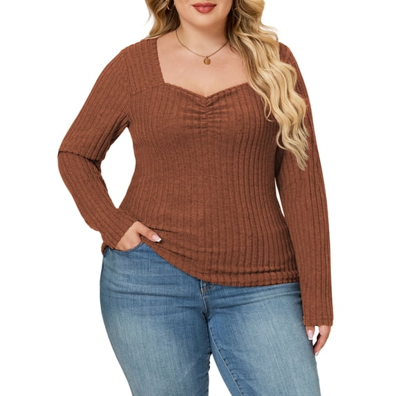 NISVIYA Plus Size Blouses for Women Fashion Sweetheart Neck Sweaters Loose Fit Long Sleeve Casual Pleated Bustier T Shirts
