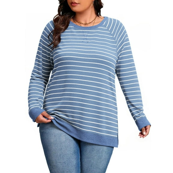 NISVIYA Plus Size Long Sleeve Sweatshirts for Women Casual Striped Crew Neck Raglan Dressy Pullover