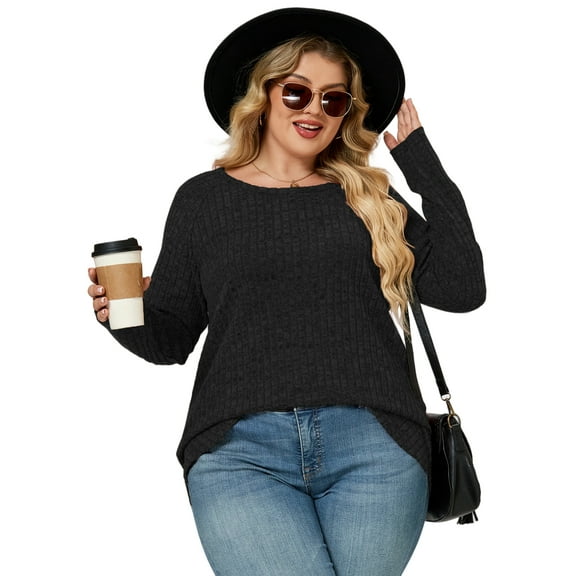 NISVIYA Women's Plus Size Fall High-Low Knit Sweater - Long Sleeve Crew Neck Comfy Pullover Black