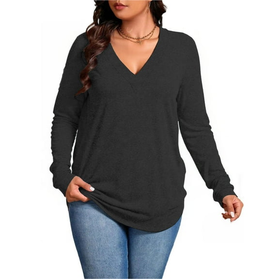 NISVIYA Plus Size Shirts for Women Dressy V Neck Tops Loose Fit Long Sleeve Tunics Elegant Blouse