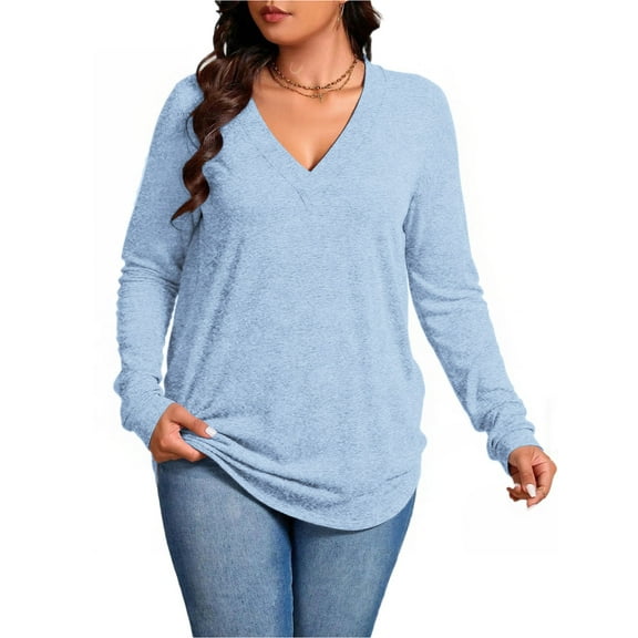 NISVIYA Plus Size Shirts for Women Dressy V Neck Tops Loose Fit Long Sleeve Tunics Elegant Blouse