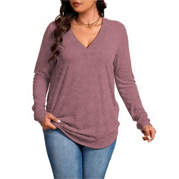 NISVIYA Plus Size Shirts for Women Dressy V Neck Tops Loose Fit Long Sleeve Tunics Elegant Blouse
