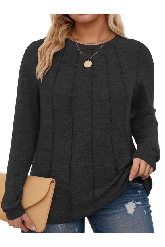 Plus Size Blouse for Women Fashion Crew Neck Long Sleeve Pleated Tunics Black
