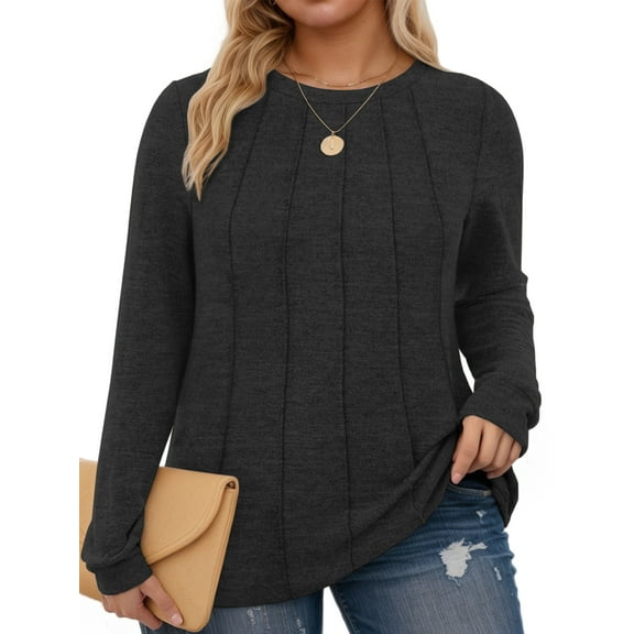 NISVIYA Plus Size Blouse for Women Fashion Crew Neck Long Sleeve Pleated Tunics Black