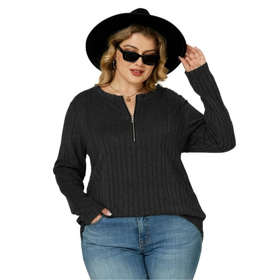 NISVIYA Plus Size Dressy Sweaters for Women Long Sleeve Fall Knit Zip Up V Neck Pullovers Black