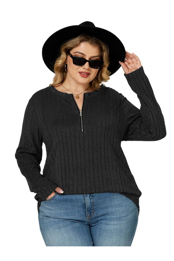 Plus Size Dressy Sweaters for Women Long Sleeve Fall Knit Zip Up V Neck Pullovers Black