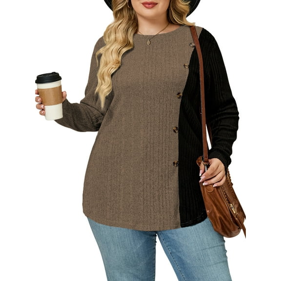 NISVIYA Women Winter Plus Size Fashion Button Decor Blouses Lightweight Crewneck Tops Brown