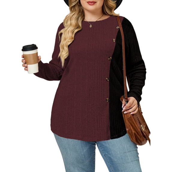 NISVIYA Women Winter Plus Size Fashion Button Decor Blouses Lightweight Crewneck Tops Wine Red