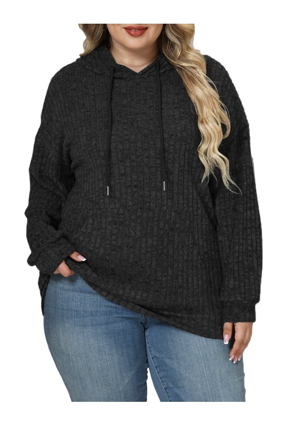 Women's Plus Size Charcoal Hoodie - Ribbed Knit Long Sleeve Casual Sweater with Front Pocket Black